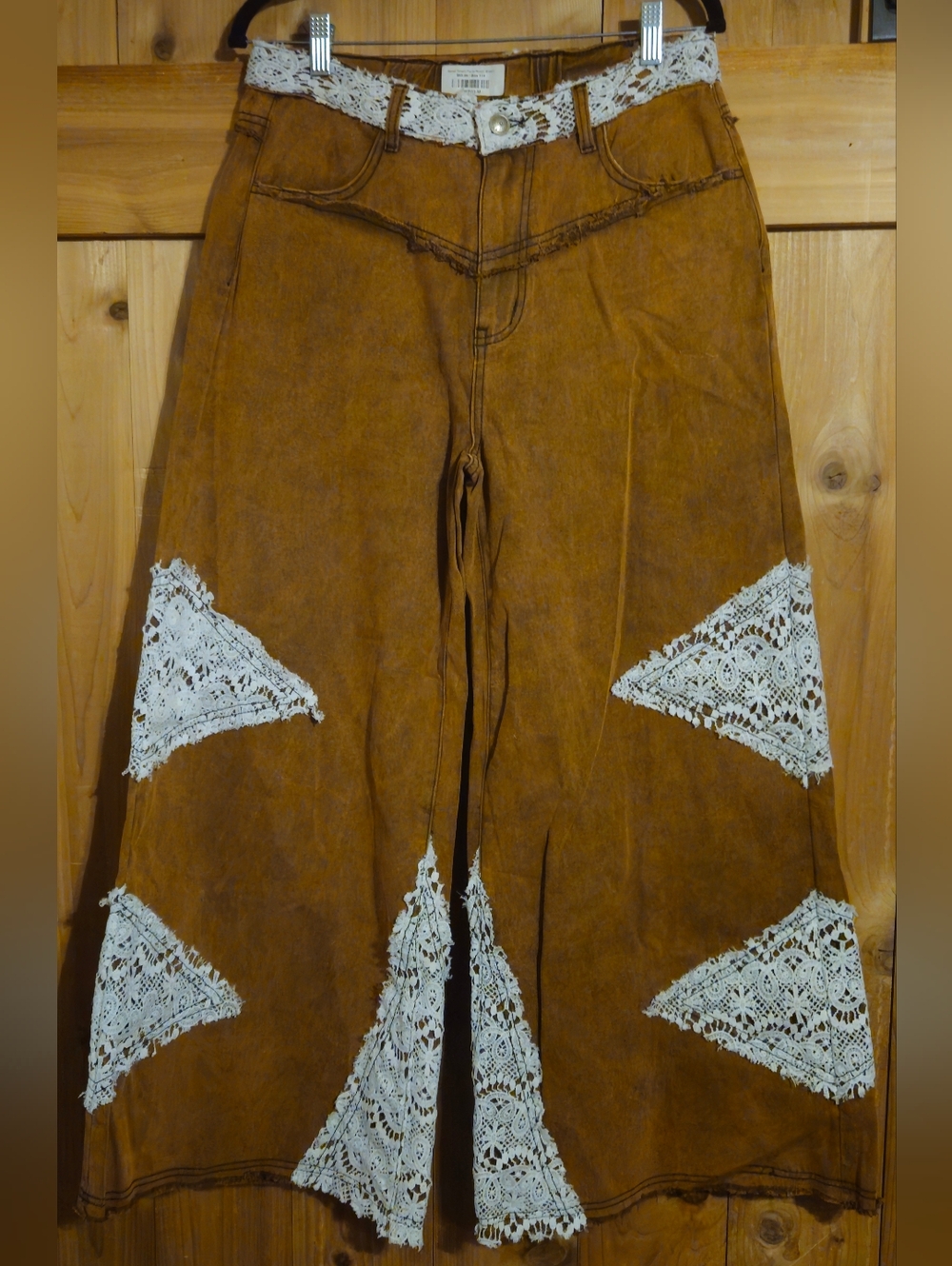 Sweet Details Rustic Brown Wide-Leg Flare Jeans with White Lace Inset - Picture 3 of 5